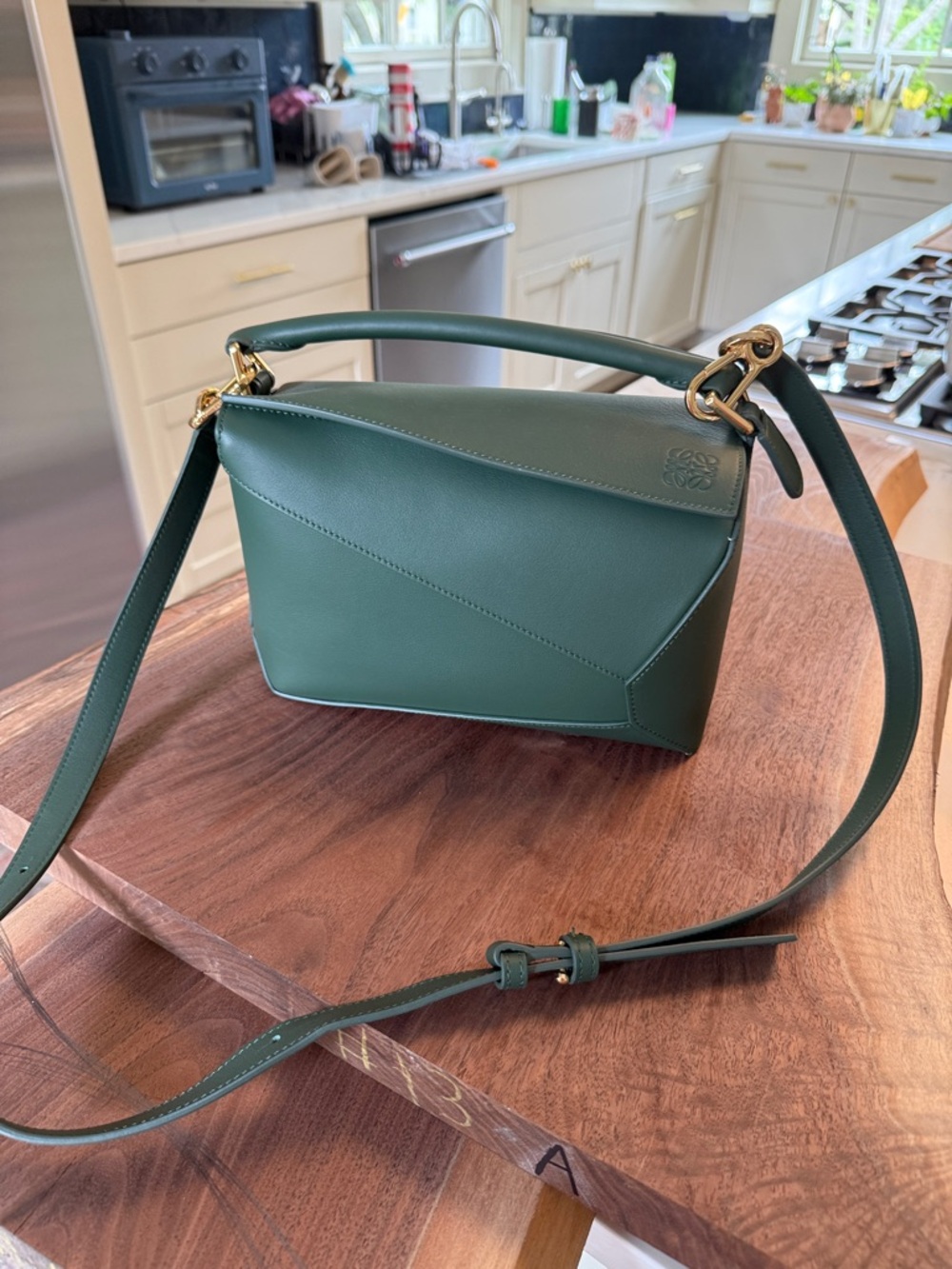 Loewe style Green Puzzle-Style Genuine Leather Crossbody with Top Handle